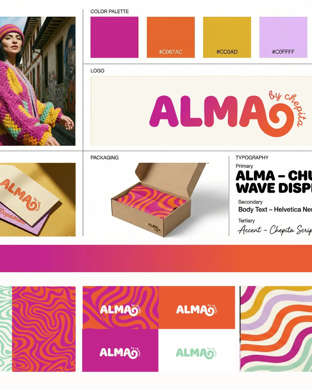 Moodboard de ALMA con paleta, tipografía, empaque y patrones