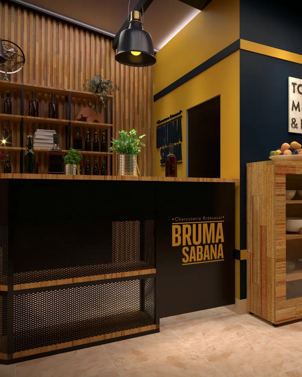 Render de la barra en madera y negro con la vitrina de charcutería