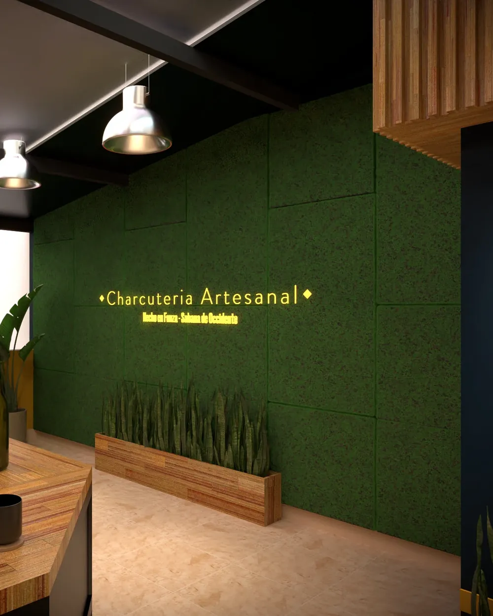 Render del rincón de charcutería artesanal con muro verde
