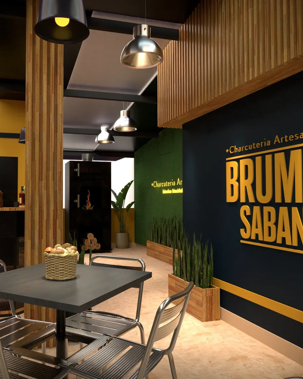 Render del salón con el muro azul de marca Bruma Sabana