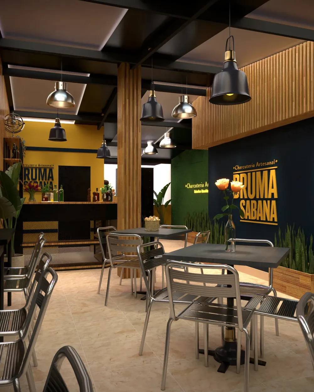 Render del salón de noche con luz cálida sobre las mesas