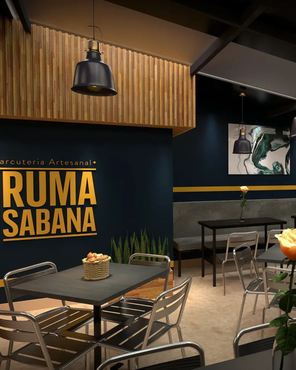 Render del salón con el logo Bruma Sabana en la pared