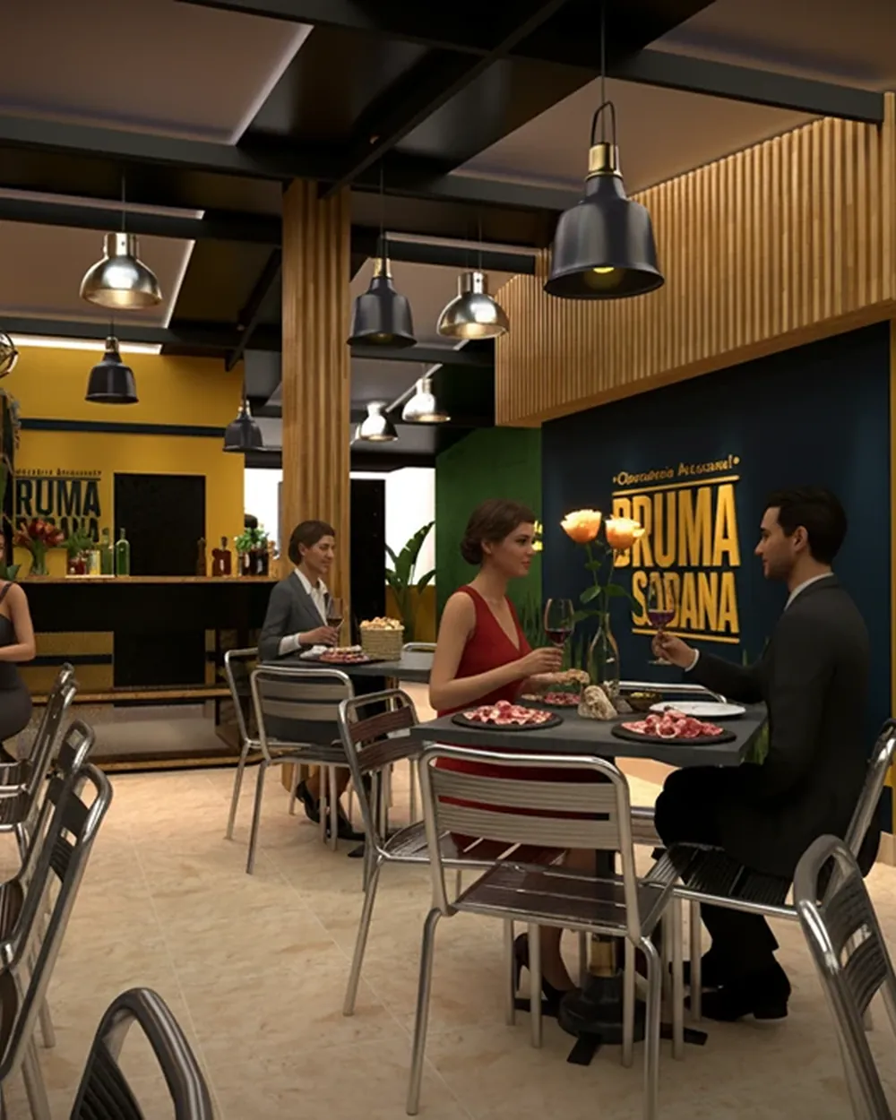 Render del salón lleno, con comensales y tablas de charcutería