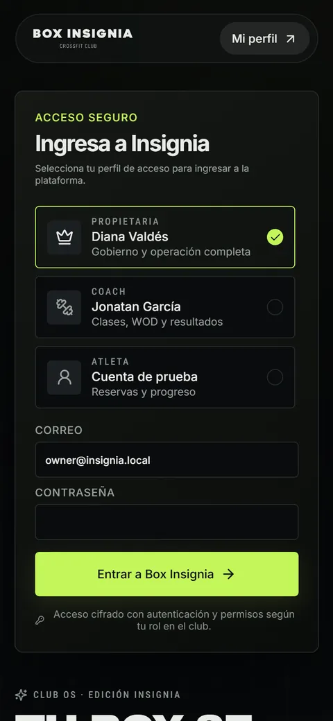 Acceso a la app con los tres roles: propietaria, coach y atleta
